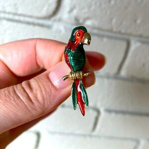 VTG Enamel Parrot Brooch - Green, Red and Gold Tone